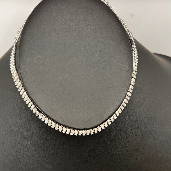 Silver Necklace Rhinestone Clear Stone True Choker Cubic Zirconia Adjustable - Picture 2 of 5